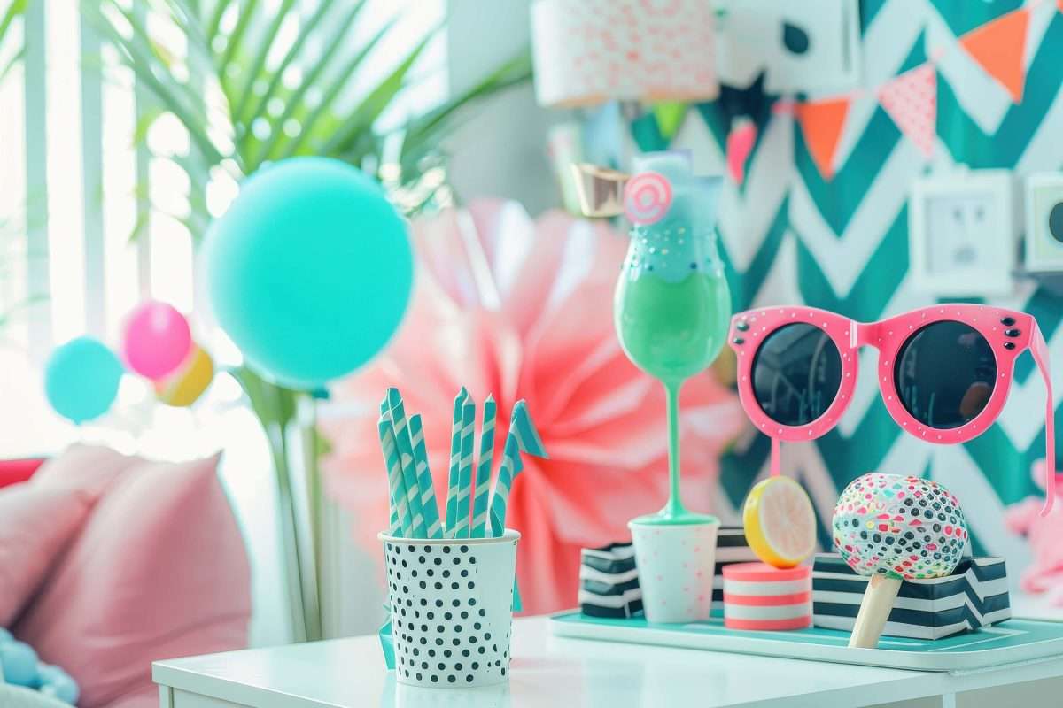 colorful party decorations with straws sunglasses balloons 1
