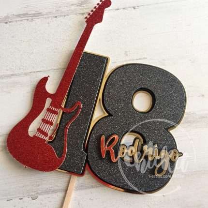 Topo de Bolo Idade com Nome e Guitarra