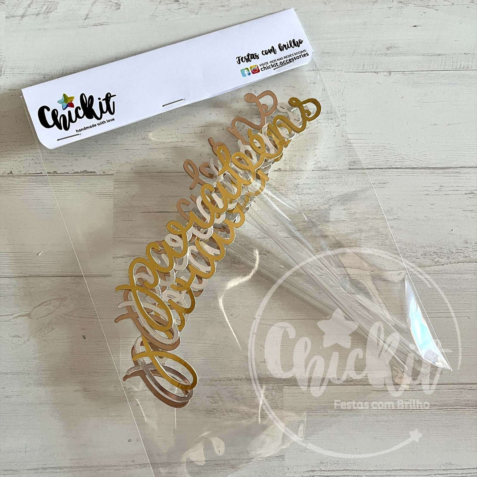 Chickit_Pack6_ParabensManuscrito4 Pack 6 Topos de Bolo Parabéns 15cm Letra Desenhada - Image 1