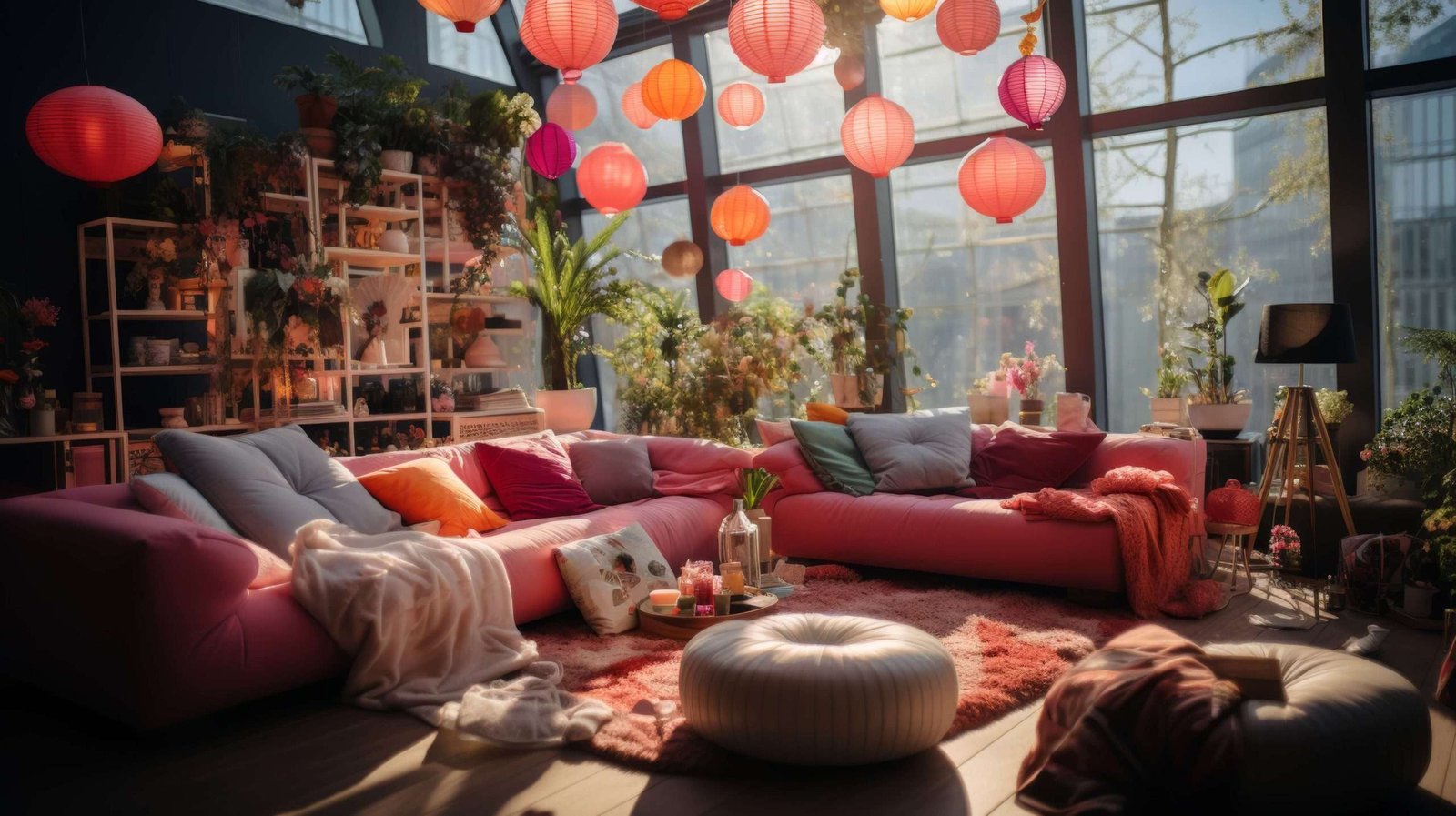 living room with pink couch table with lantern it scaled
