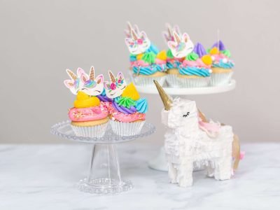 unicorn-cupcakes-with-multicolor-buttercream-icing-cake-stands