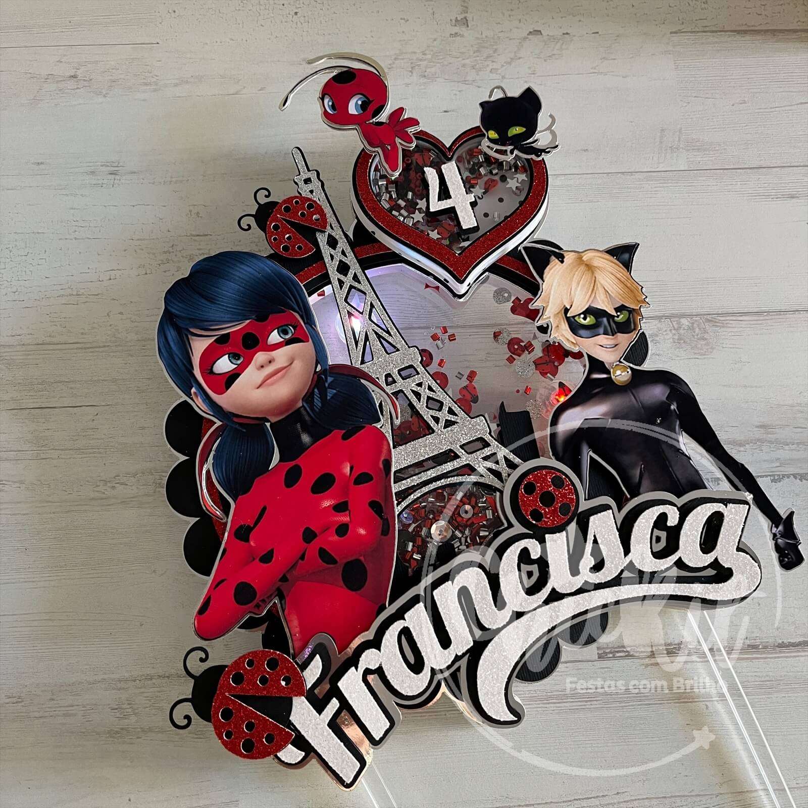 Chickit_LadyBugShaker_02 Topo de Bolo com Shaker Ladybug e Gato Noir - Image 1