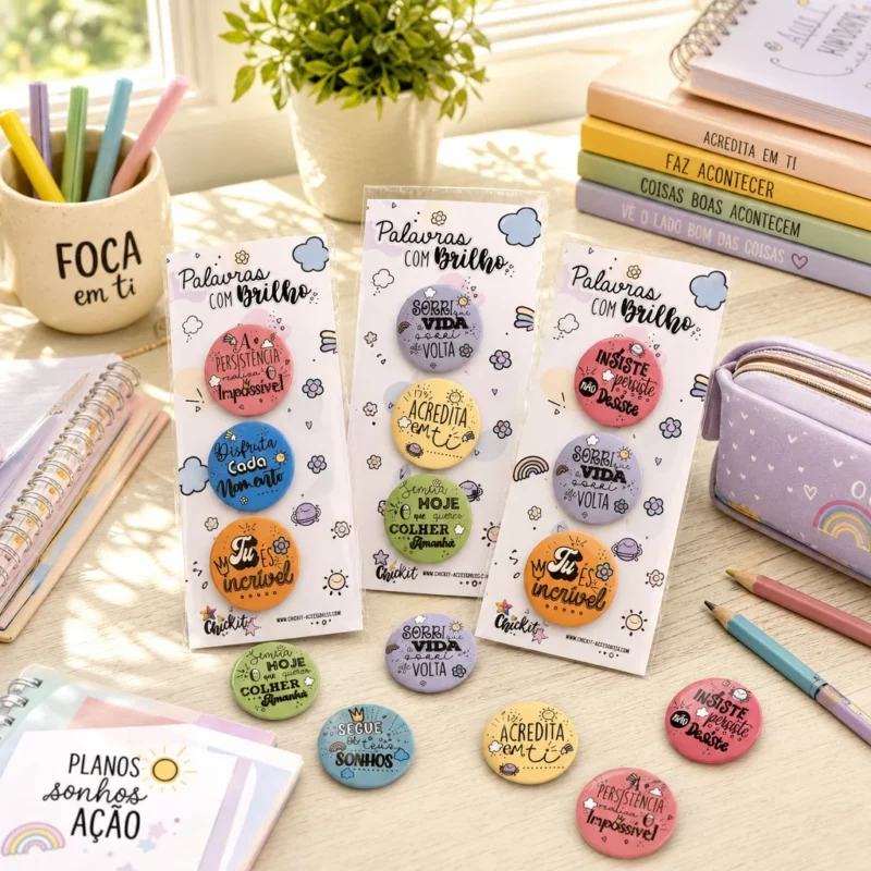 Pack 3 Ímans Motivacionais Palavras com Brilhoem cartão de apresentação Chickit
