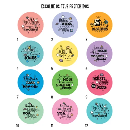 modelos de ímans e crachás motivacionais numerados para escolha