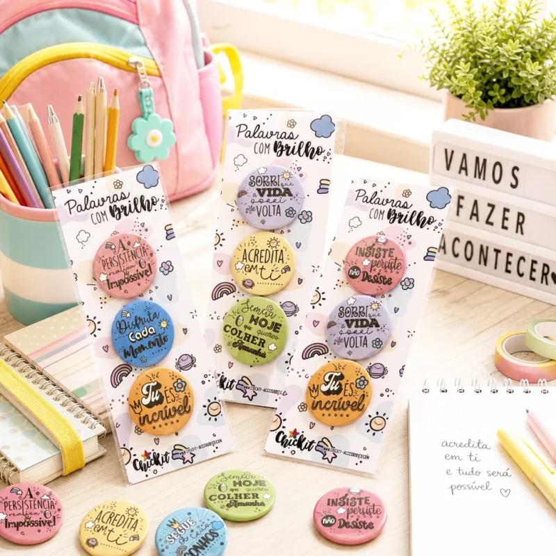 Pack 3 Crachás Motivacionais Palavras com Brilho