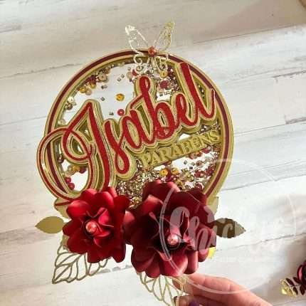 Topo de Bolo Elegante com Flores, borboletas e Shaker